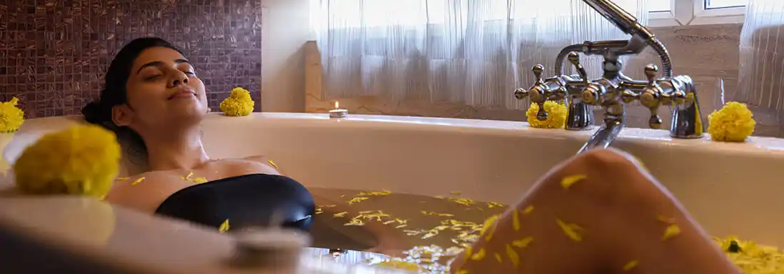 Relaxing spa room with massage table and ambient lighting